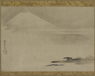 Landschaft: Berg Fuji vom Meer aus, Hängerolle (auf Tafel montiert), spätes 17. bis frühes 18. Jahrhundert von Ogata Korin